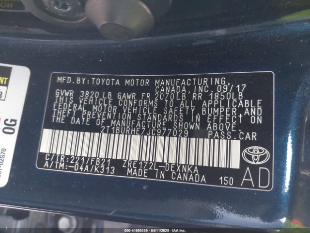 2T1BURHE7JC977029 Toyota COROLLA LE