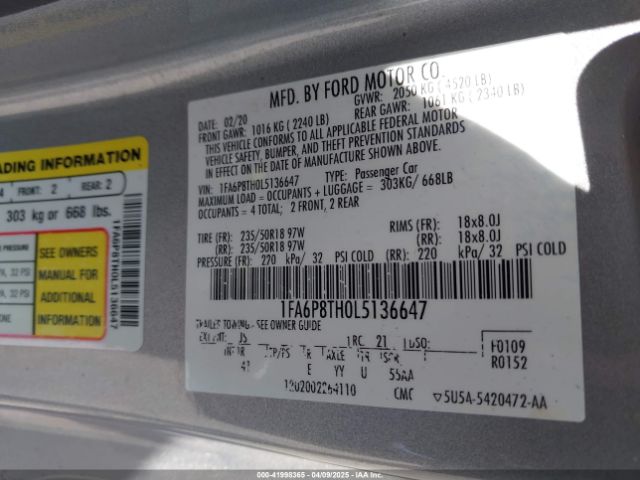 1FA6P8TH0L5136647 Ford Mustang Ecoboost Premium Fastback