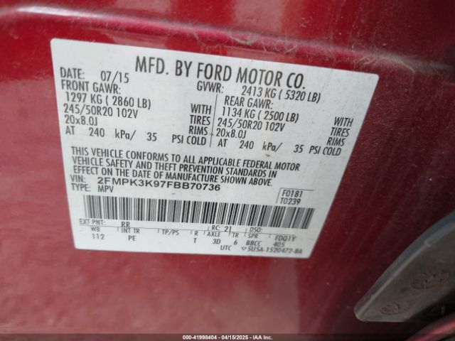 2FMPK3K97FBB70736 Ford Edge Titanium
