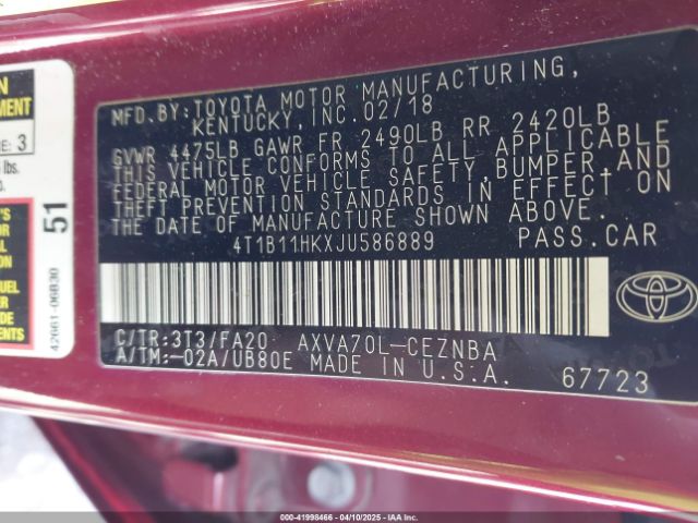 4T1B11HKXJU586889 Toyota CAMRY LE