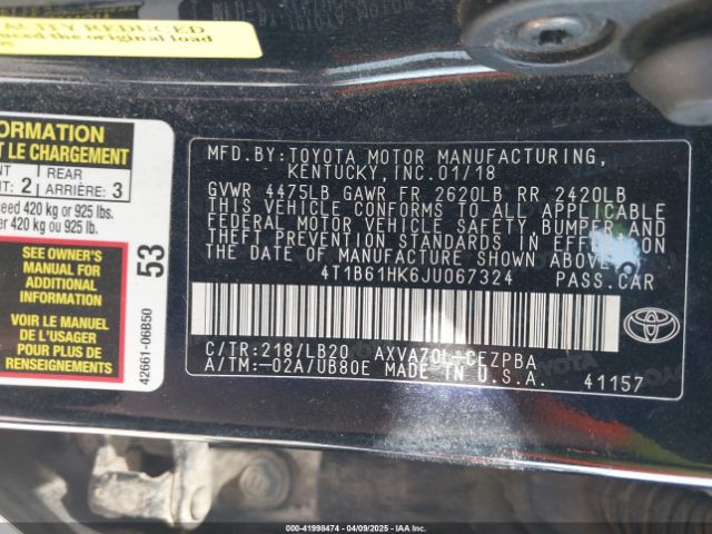 4T1B61HK6JU067324 Toyota CAMRY XSE