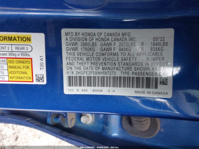 2HGFE2F5XNH587273 Honda Civic Sport