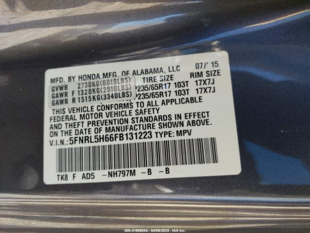 5FNRL5H66FB131223 Honda Odyssey Ex-l