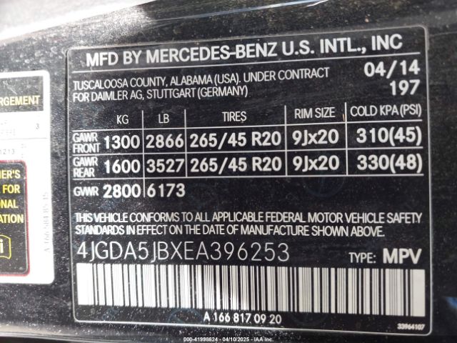 4JGDA5JBXEA396253 Mercedes-Benz ML 350