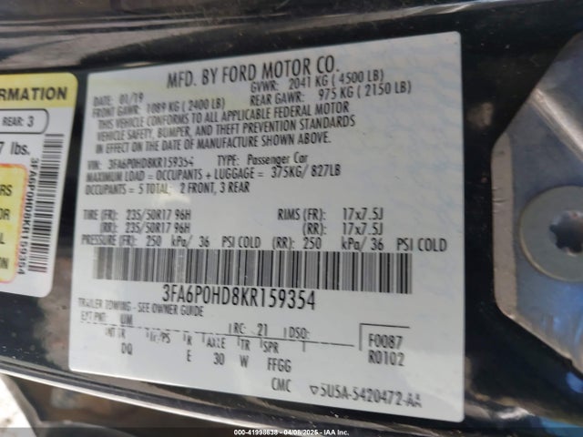 3FA6P0HD8KR159354 Ford FUSION SE
