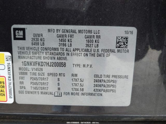 1GNKVFKD7HJ200058 Chevrolet Traverse Ls