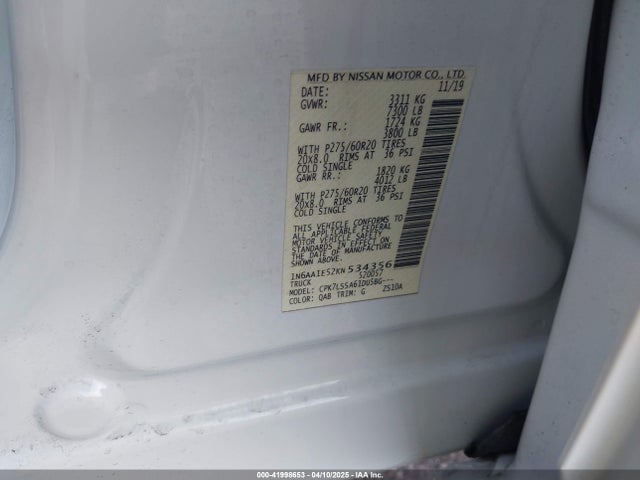 1N6AA1E52KN534356 Nissan TITAN SV