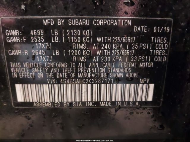 2019 SUBARU OUTBACK 4S4BSAFC2K3287171 Photo 8
