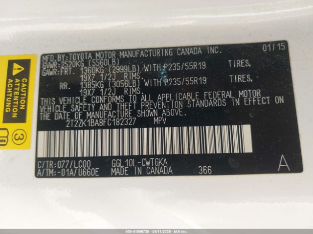 2T2ZK1BA8FC182327 Lexus RX 350