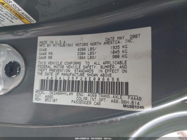 2008 MITSUBISHI ECLIPSE SPYDER 4A3AL25F28E006656 Photo 8