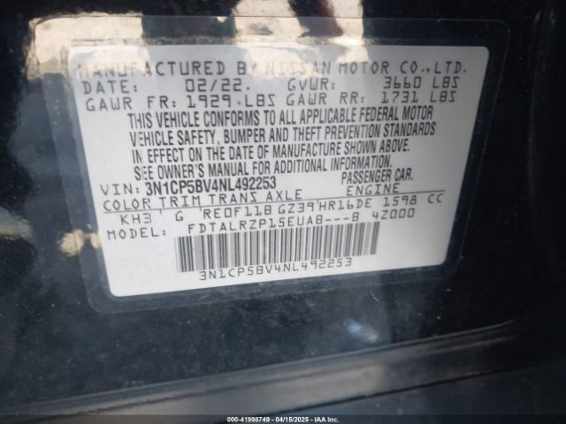 3N1CP5BV4NL492253 Nissan Kicks S Xtronic Cvt