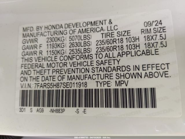 7FARS5H87SE011918 Honda Cr-v Hybrid Sport-l