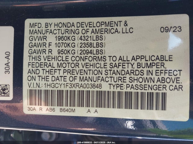 1HGCY1F3XRA003848 Honda ACCORD EX