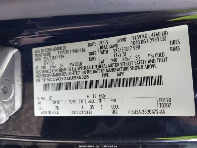 1FMCU9GXXGUB85326 Ford ESCAPE SE