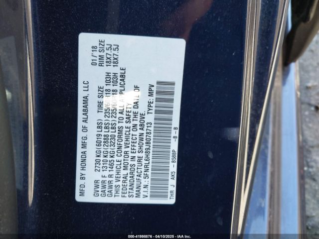 5FNRL6H89JB078713 Honda Odyssey Touring