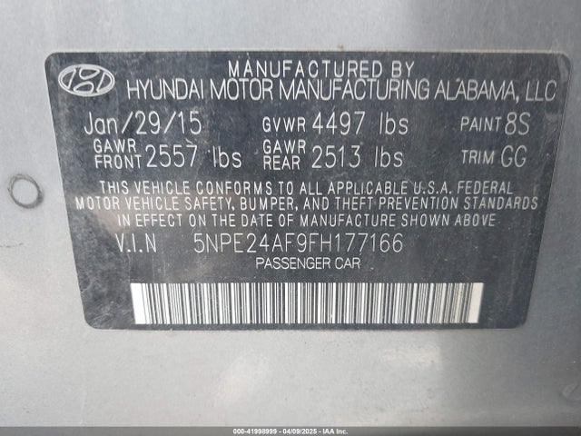 5NPE24AF9FH177166 Hyundai SONATA SE