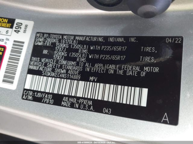 5TDKRKEC4NS114889 Toyota SIENNA LE