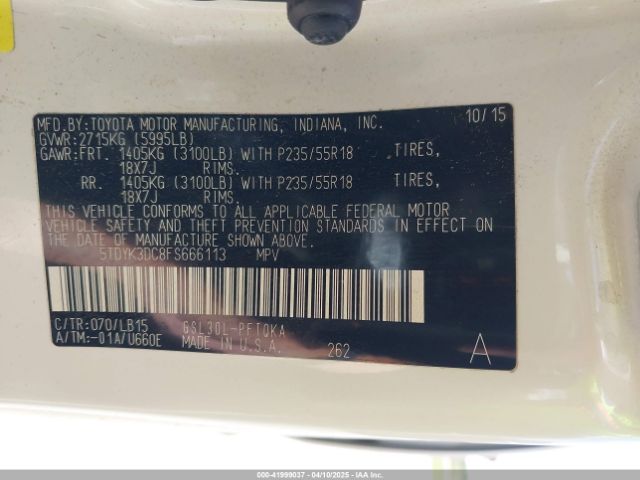 5TDYK3DC8FS666113 Toyota Sienna Limited Premium 7 Passenger