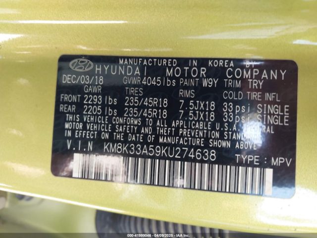KM8K33A59KU274638 Hyundai Kona Limited