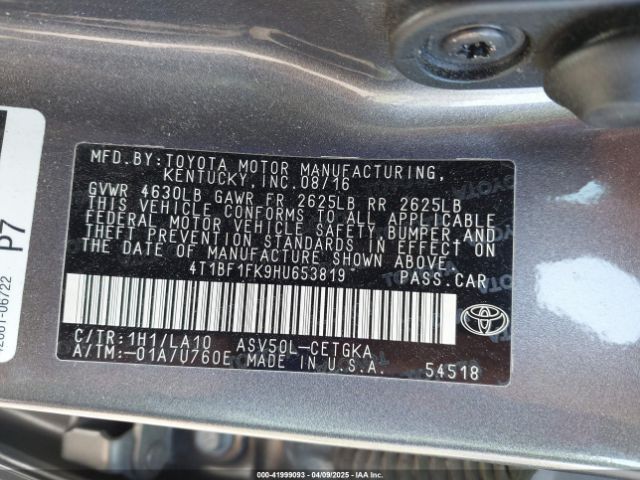 4T1BF1FK9HU653819 Toyota CAMRY XLE
