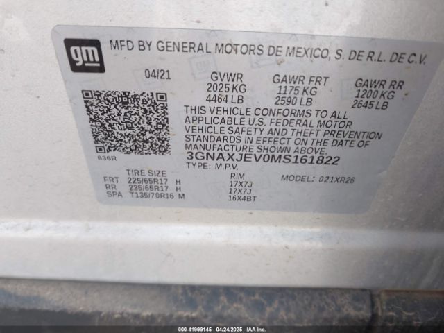 3GNAXJEV0MS161822 Chevrolet Equinox Fwd 2fl