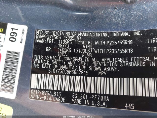 5TDYZ3DC8HS802819 Toyota Sienna Limited Premium 7 Passenger