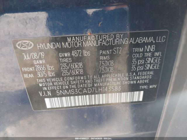 5NMS3CAD7LH143583 Hyundai Santa Fe Sel