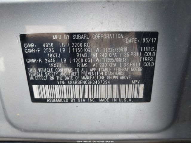 4S4BSENC8H3407394 Subaru Outback 3.6r Limited