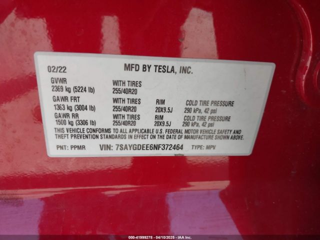 7SAYGDEE6NF372464 Tesla Model Y Long Range Dual Motor All-wheel Drive