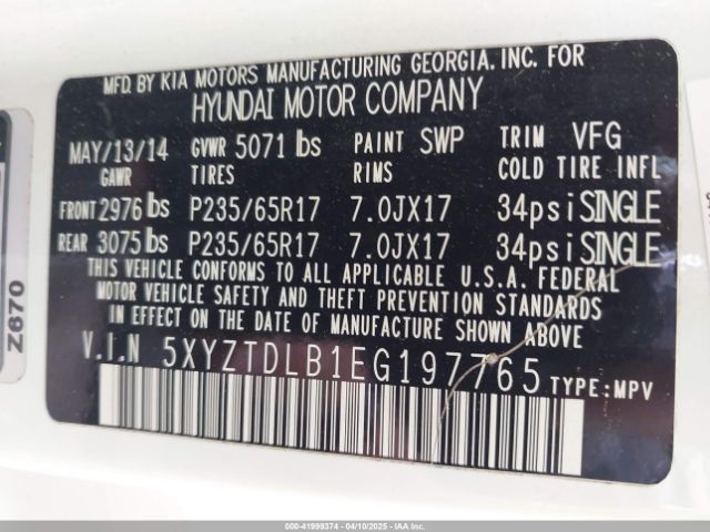 5XYZTDLB1EG197765 Hyundai Santa Fe Sport 2.4l