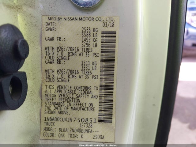 1N6AD0CU4JN750851 Nissan Frontier Sv