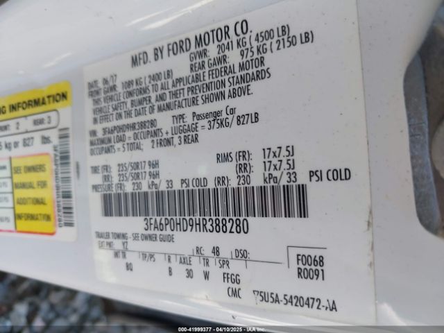 3FA6P0HD9HR388280 Ford FUSION SE