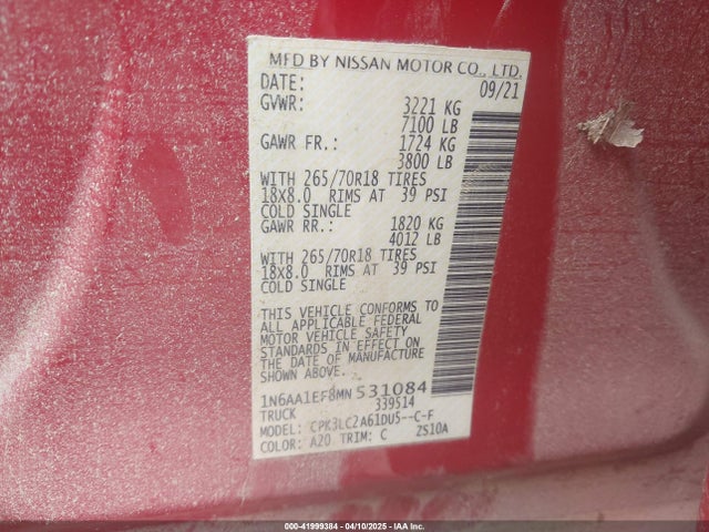 Nissan Titan Sv 4x2 2021 1N6AA1EF8MN531084 Image 9