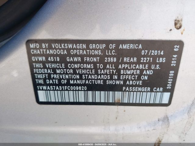 1VWAS7A31FC009620 Volkswagen Passat 1.8t Wolfsburg Edition