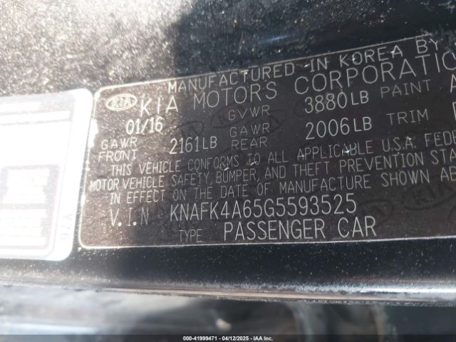 KNAFK4A65G5593525 KIA FORTE LX
