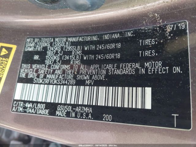 5TDKZRFH3KS344289 Toyota Highlander Xle