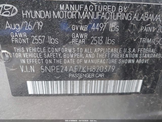 5NPE24AF7KH820379 Hyundai SONATA SE