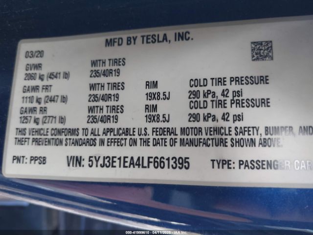 5YJ3E1EA4LF661395 Tesla MODEL 3