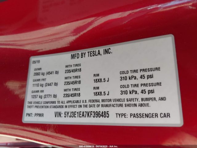 5YJ3E1EA7KF396485 Tesla Model 3 Long Range/mid Range/standard Range/standard Range Plus