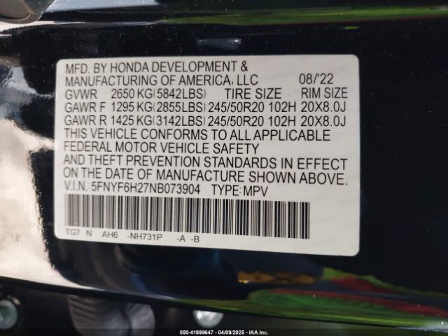 5FNYF6H27NB073904 Honda Pilot Awd Special Edition