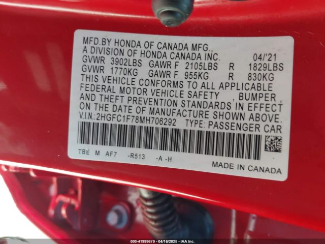 2021 HONDA CIVIC 2HGFC1F78MH706292 Photo 8