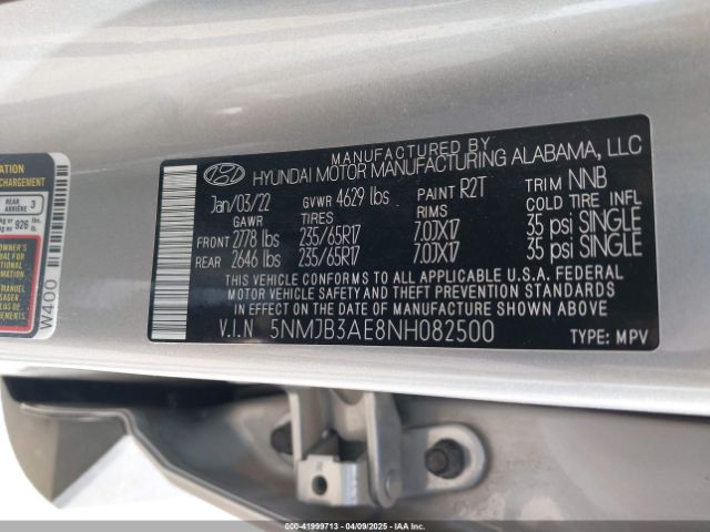 5NMJB3AE8NH082500 Hyundai TUCSON SEL