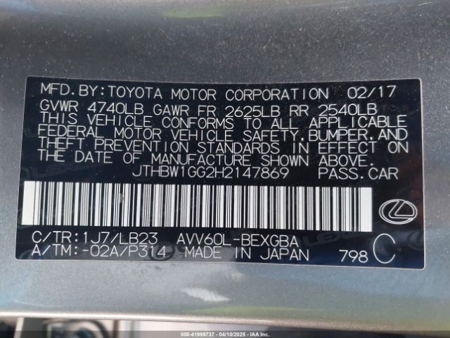 JTHBW1GG2H2147869 Lexus ES 300H