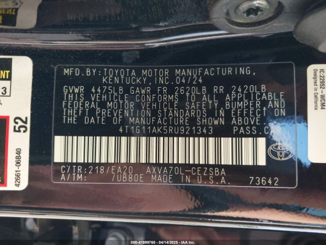 4T1G11AK5RU921343 Toyota CAMRY SE