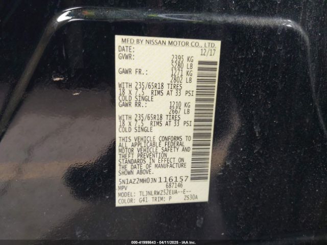 5N1AZ2MH0JN116157 Nissan MURANO SL