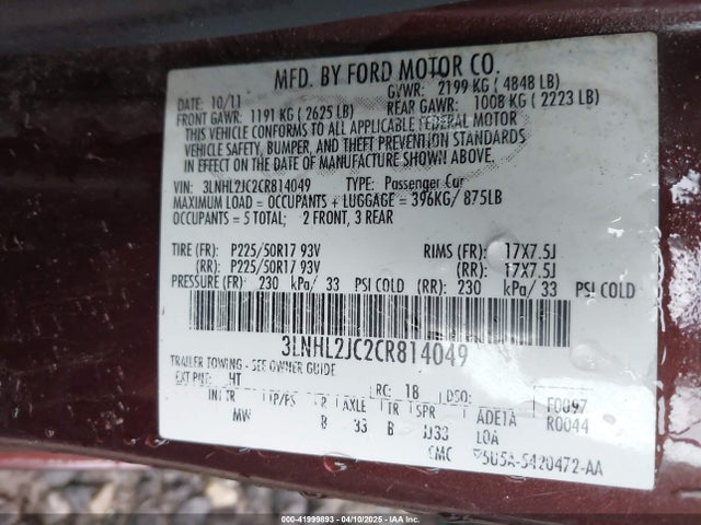 Продаж на аукціоні авто 2012 Lincoln Mkz, vin: 3LNHL2JC2CR814049, номер лоту: 41999893