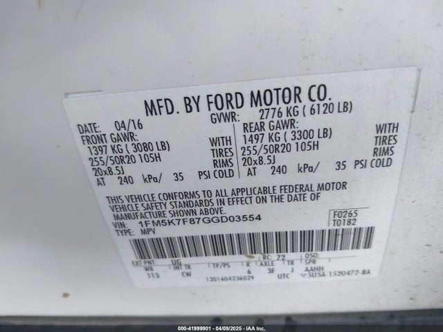 1FM5K7F87GGD03554 Ford Explorer Limited