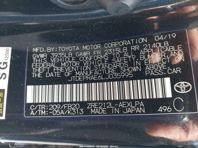 JTDEPRAE6LJ035995 Toyota COROLLA LE
