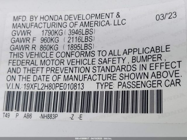 19XFL2H80PE010813 Honda Civic Sport