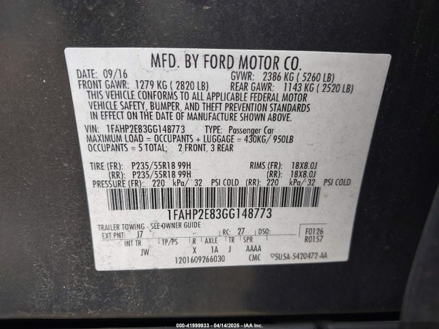 1FAHP2E83GG148773 Ford TAURUS SEL